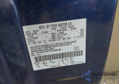 2007 Ford F-150 Fx4/Lariat/Xlt из США, поврежденный, VIN 1FTPW14V77KA96040